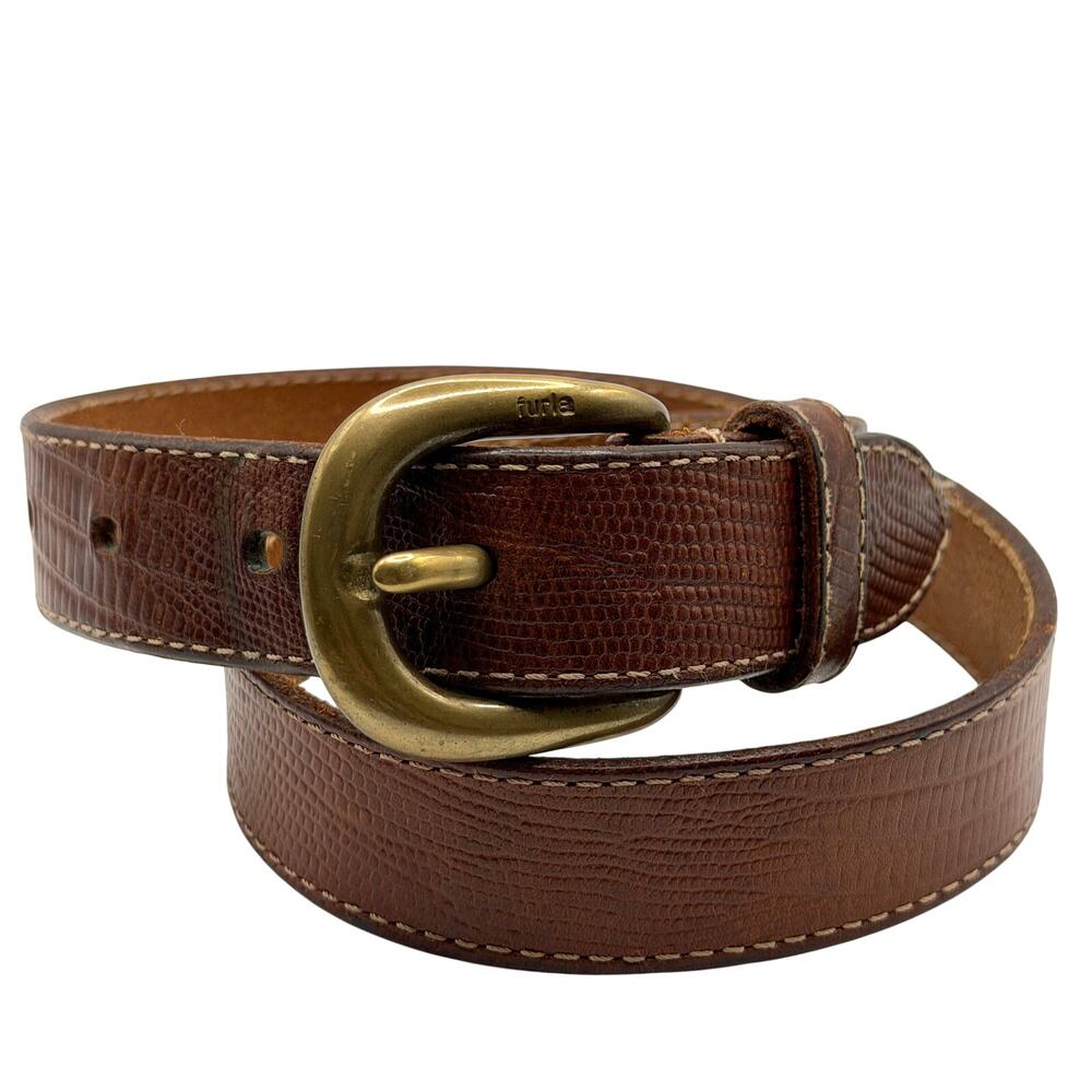 Vintage 90s Furla Brown Lizard Embossed Leather Brass Buckle Belt